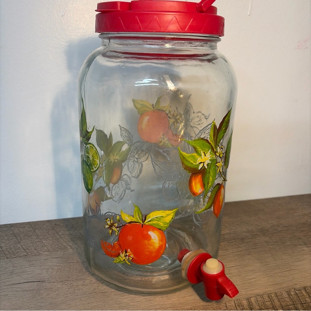 Vintage Gallon Glass Sun Tea Peaches Red Lid Fruit  Pattern